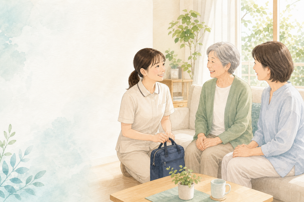 訪問看護師が利用者と家族に自宅で寄り添うイメージ